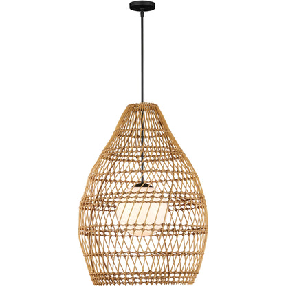 Fishtrap Outdoor Pendant by Currey and Company in natural, black, frosted white. Made from all-weather wicker, metal, glass in a unique style.