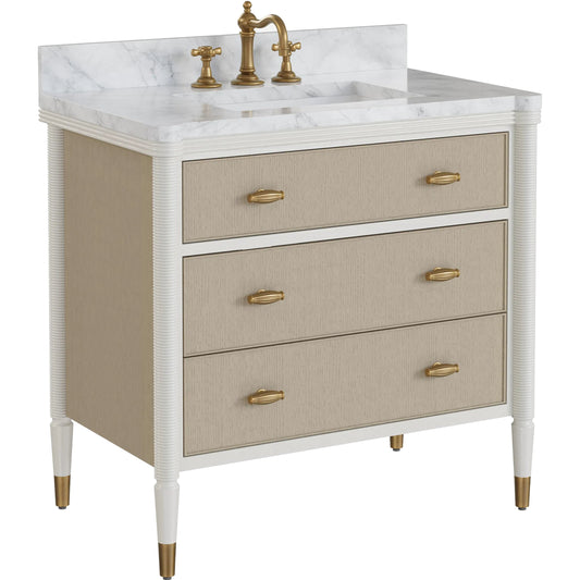 Aster 36" Vanity with Undermount Sink by Currey and Company in off-white, fog, natural, white, polished brass. Made from beech wood, sungkai wood, oak veneer, white carrara marble, vitreous china, brass in a modern style.