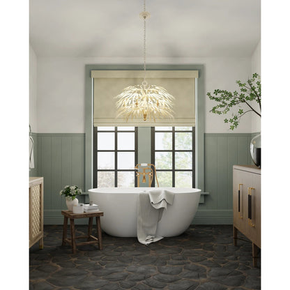 Calliope Chandelier by Currey and Company in coco cream. Made from wrought iron in a modern style.