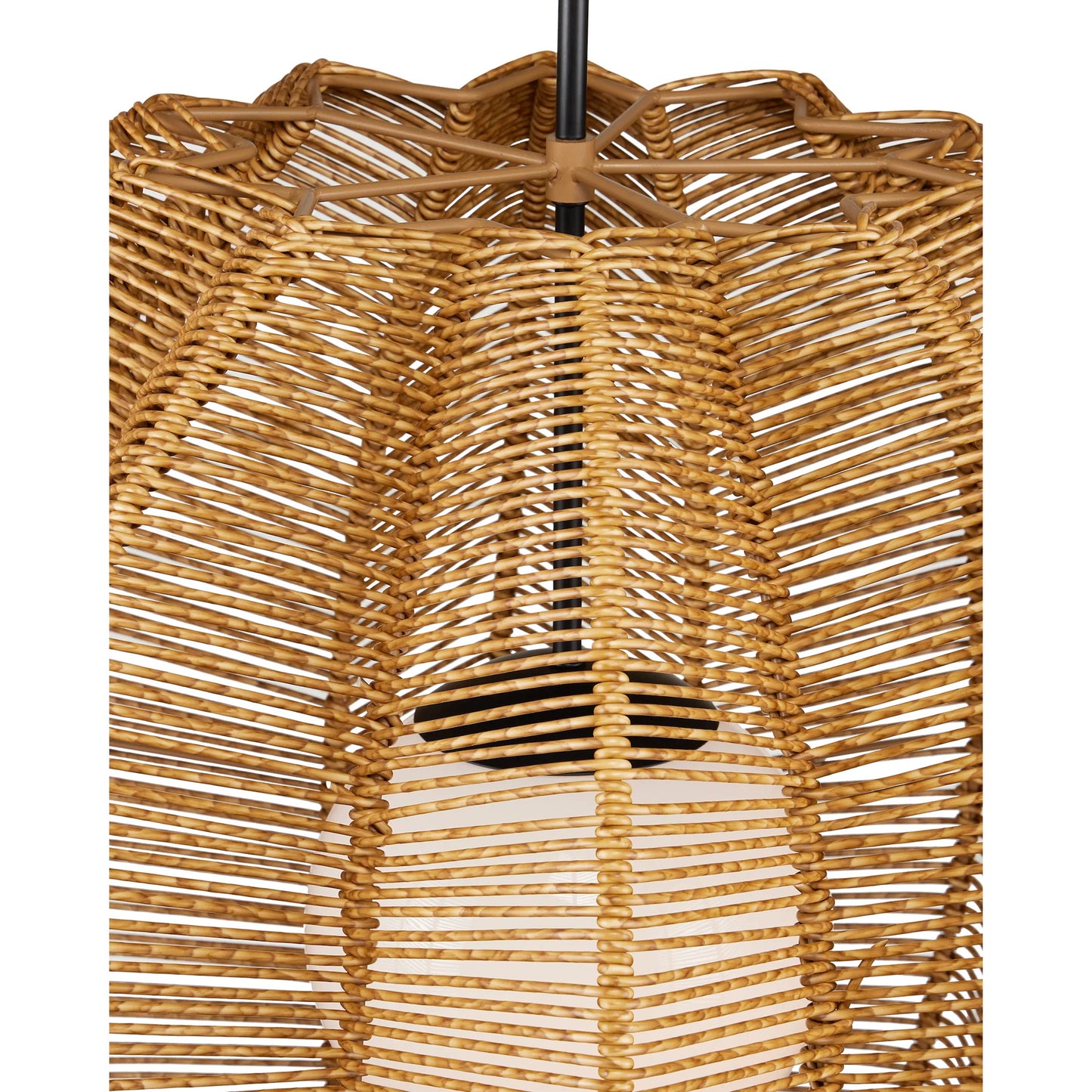 005 SI-2386952 | Closeup | Barbary Fluted Outdoor Pendant by Currey and Company in natural, black, frosted white. Made from all-weather wicker, metal, glass in a rustic style.