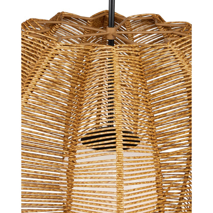 Barbary Fluted Outdoor Pendant by Currey and Company in natural, black, frosted white. Made from all-weather wicker, metal, glass in a rustic style.