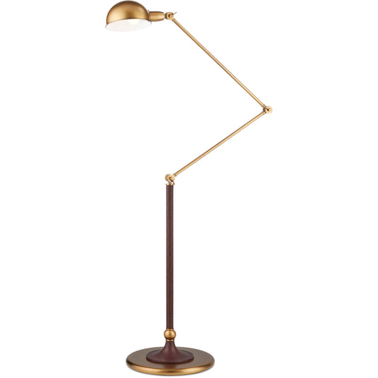 Libretto Floor Lamp by Currey and Company in antique brass, brownish red. Made from metal, faux leather in a unique style.