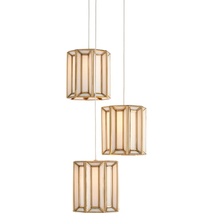 Daze 3-LIGHT Multi-Drop Pendant by Currey and Company in antique brass, white, painted silver. Made from frosted glass in a modern style.