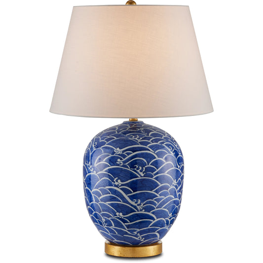 Nami Table Lamp by Currey and Company in blue, white, gold leaf. Made from porcelain, metal in a coastal style.