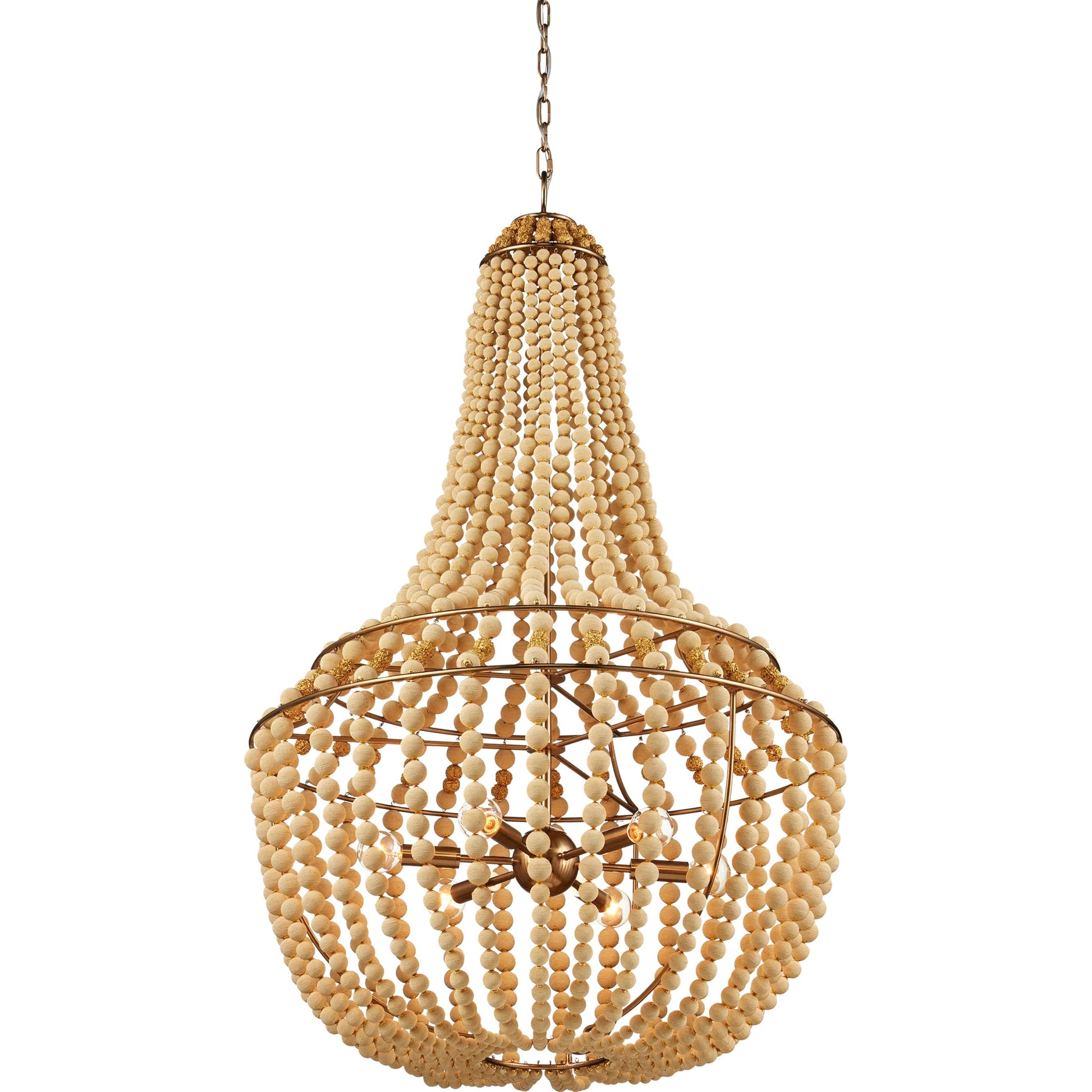 Penelope Chandelier by Currey and Company in beige, antique brass. Made from iron, fabric, brass in a coastal style.