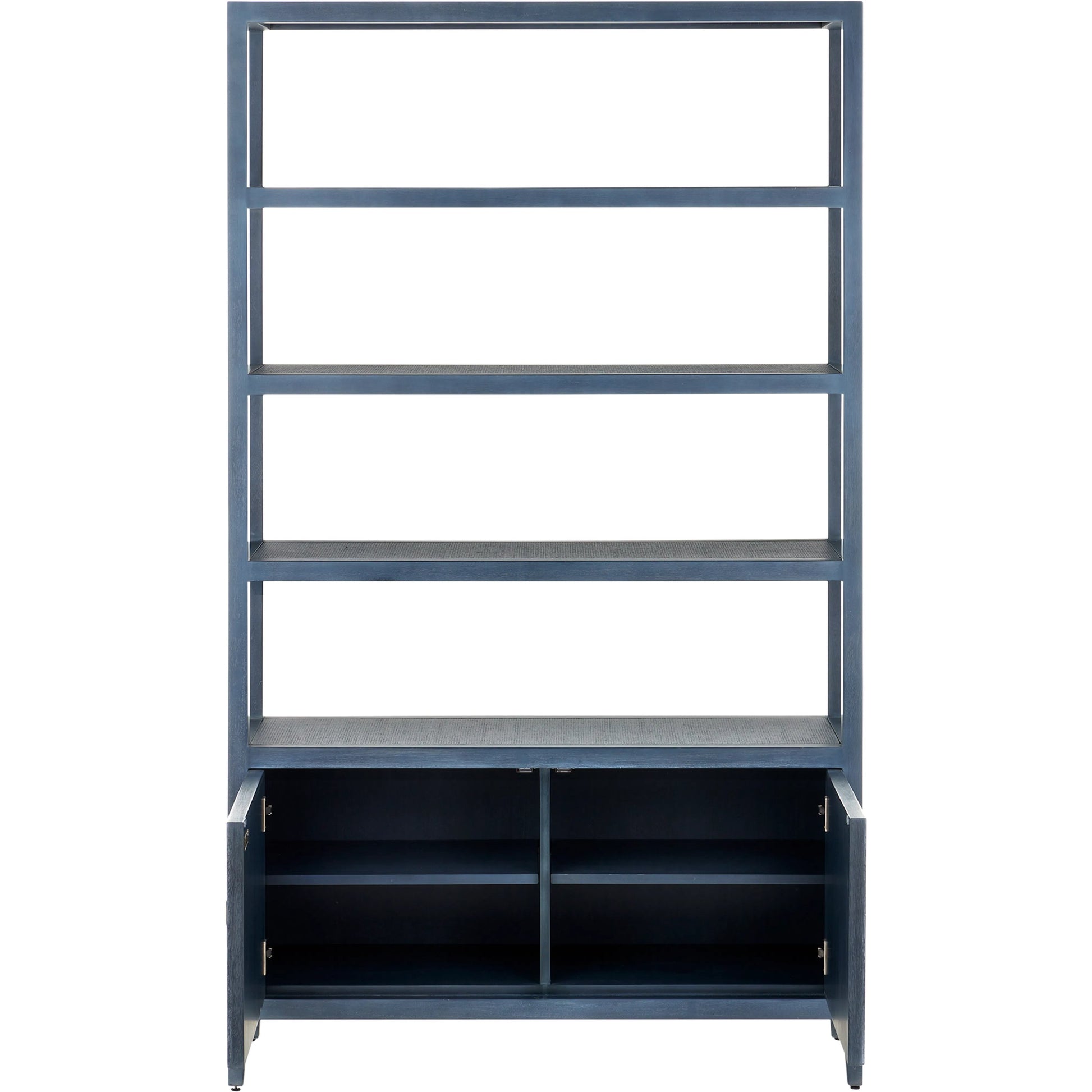 Santos Storage Etagere by Currey and Company in vintage navy, brushed brass. Made from rattan, mahogany, grasscloth, brass in a transitional style.