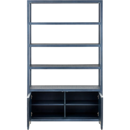 Santos Storage Etagere by Currey and Company in vintage navy, brushed brass. Made from rattan, mahogany, grasscloth, brass in a transitional style.