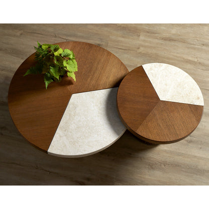 Dakota Cocktail Table by Currey and Company in morel brown, natural, polished brass. Made from oak, crema marfil marble, brass in a modern style.