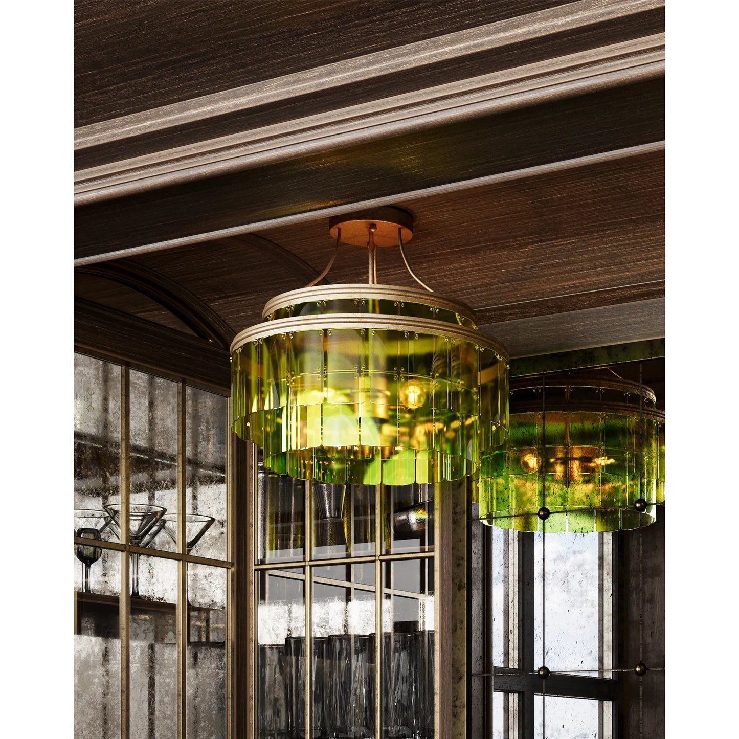 015 SI-1924234 | Lifestyle | Vintner Semi-Flush by Currey and Company in contemporary gold leaf, green. Made from wrought iron, recycled bottle glass in a modern style.