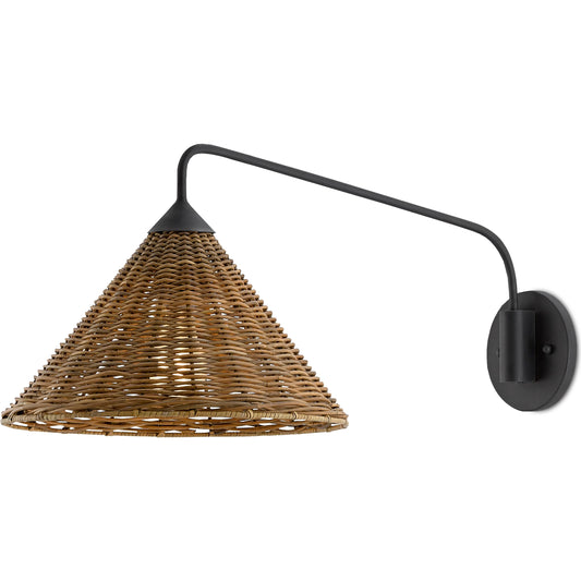 Basket Swing Arm Sconce by Currey and Company in blacksmith, natural. Made from wrought iron, arurog in a eclectic & global style.