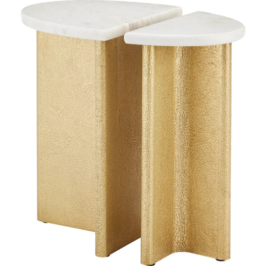 Doublet Marble Accent Table Set by Currey and Company in white, antique brass. Made from banswara marble, brass, engineered wood in a unique style.