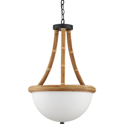 Morningside Semi-Flush Mount by Currey and Company in natural, frosted white, satin black. Made from rattan, glass, wrought iron in a cottage & farmhouse style.