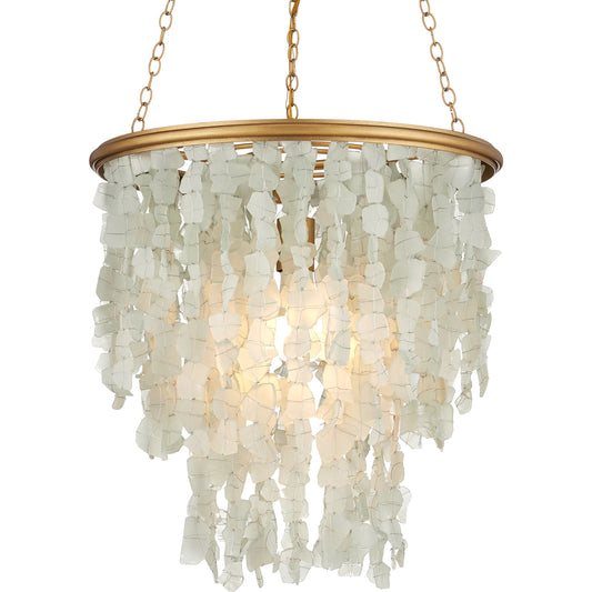 Verre De Mer Chandelier by Currey and Company in seaglass, contemporary gold. Made from glass, wrought iron in a unique style.