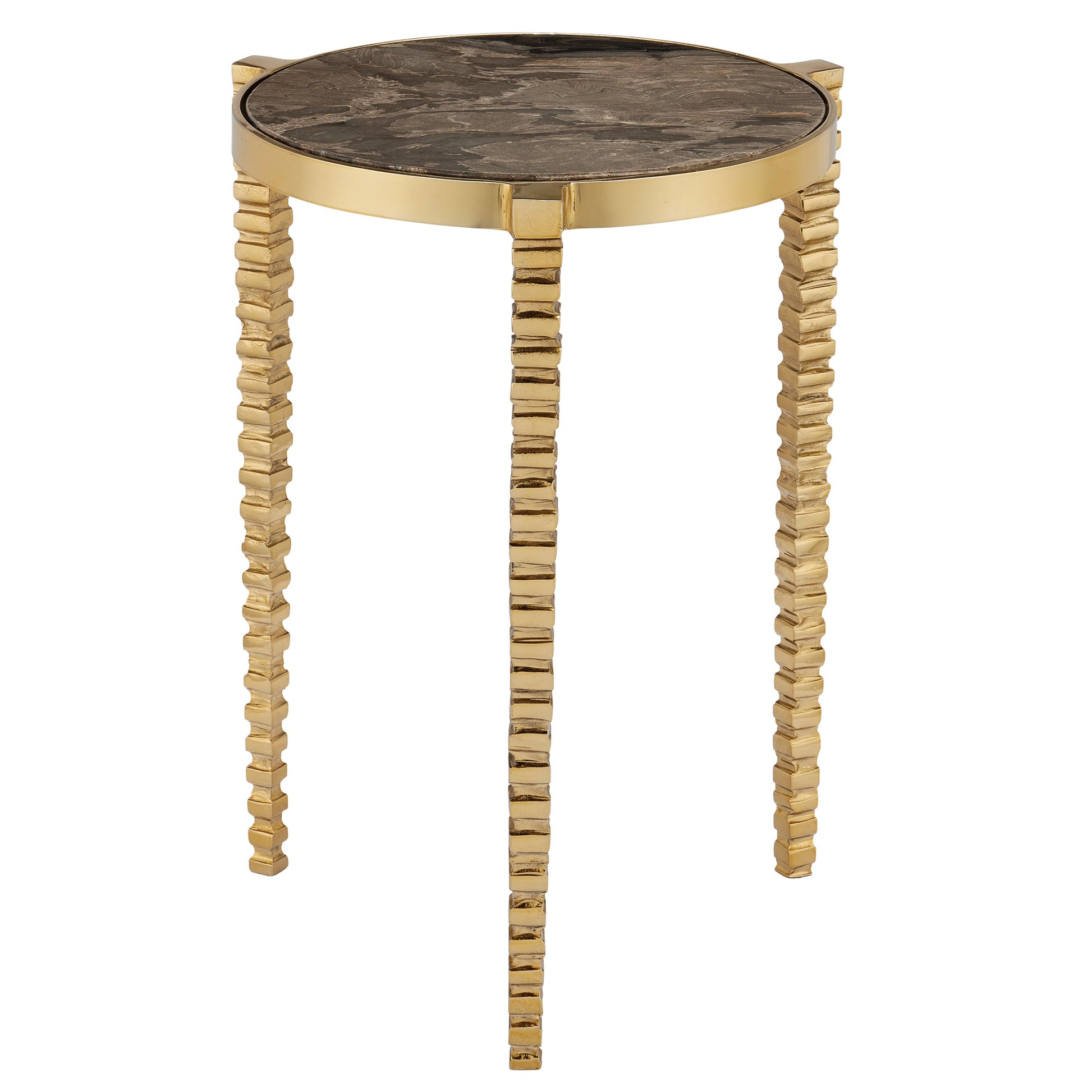 Corrado Cappuccino Marble Accent Table by Currey and Company in polished brass, natural. Made from iron, cappuccino marble in a modern style.