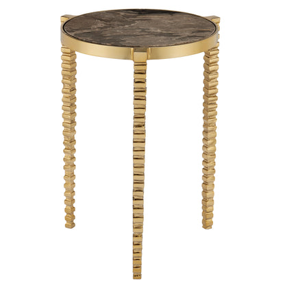 Corrado Cappuccino Marble Accent Table by Currey and Company in polished brass, natural. Made from iron, cappuccino marble in a modern style.
