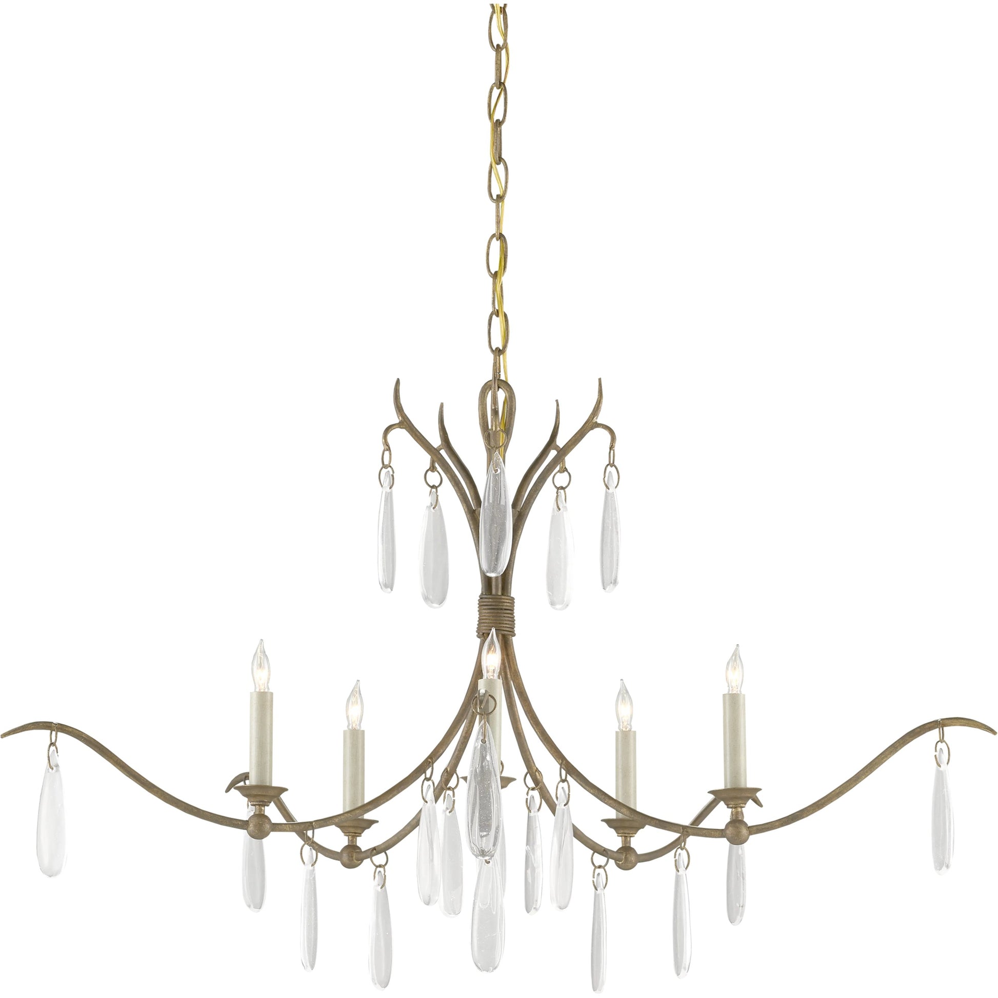 Marshallia Chandelier by Currey and Company in rustic gold, faux rock crystal. Made from wrought iron, glass in a transitional style.