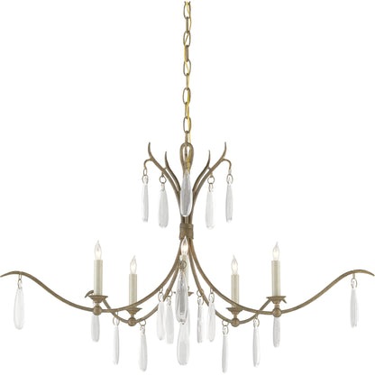 Marshallia Chandelier by Currey and Company in rustic gold, faux rock crystal. Made from wrought iron, glass in a transitional style.