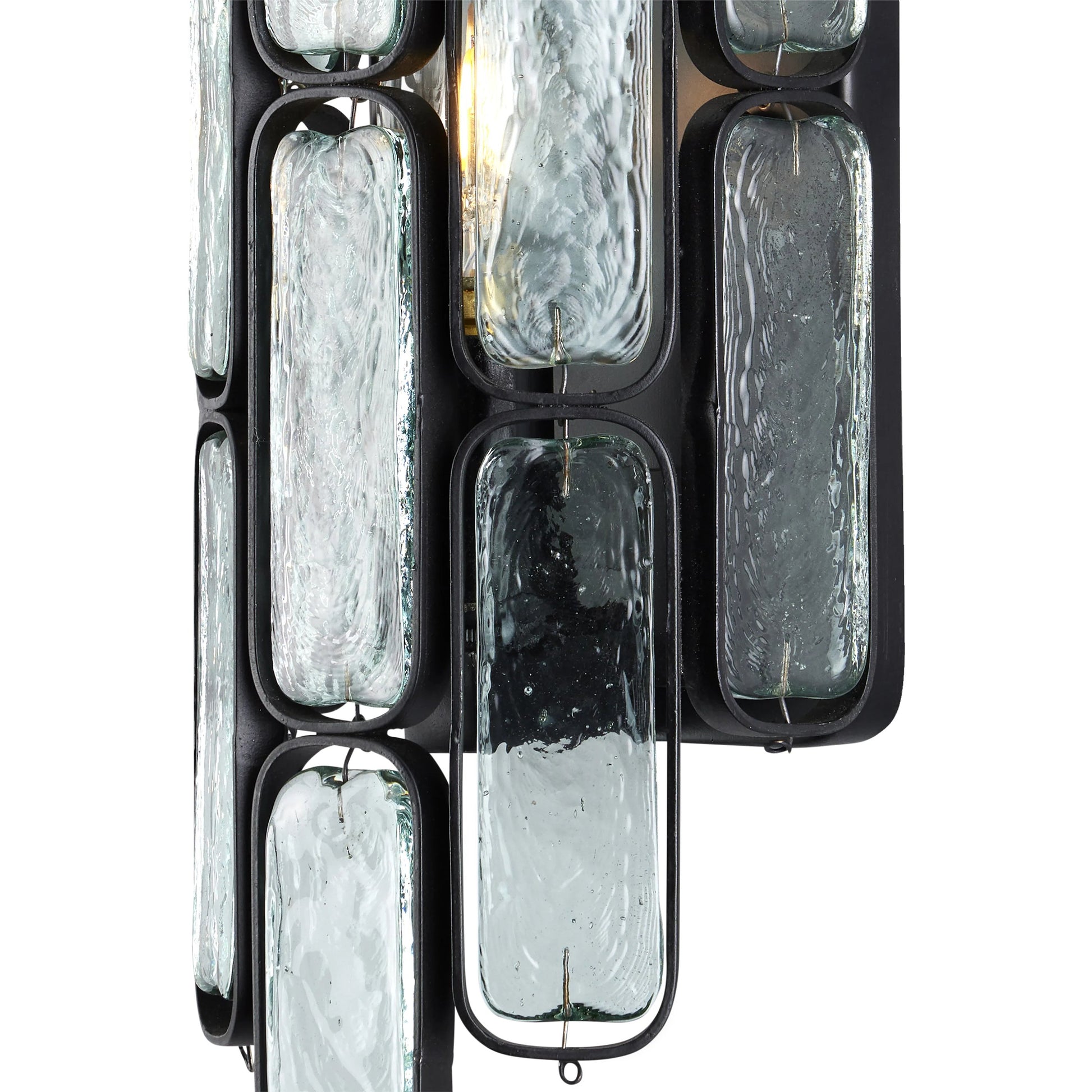 Centurion Recycled Glass Wall Sconce by Currey and Company in clear, satin black. Made from recycled glass, wrought iron in a traditional style.