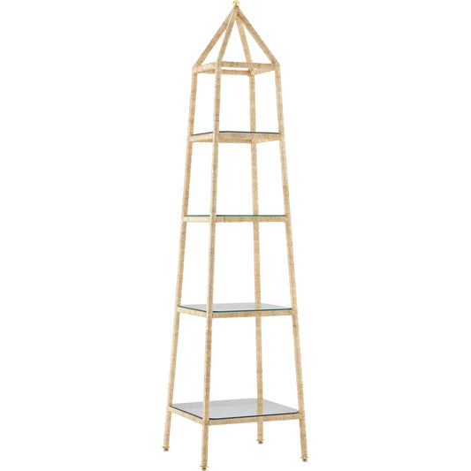 Narra Etagere by Currey and Company in natural abaca rope, contemporary gold leaf. Made from wrought iron, abaca rope, glass in a transitional style.