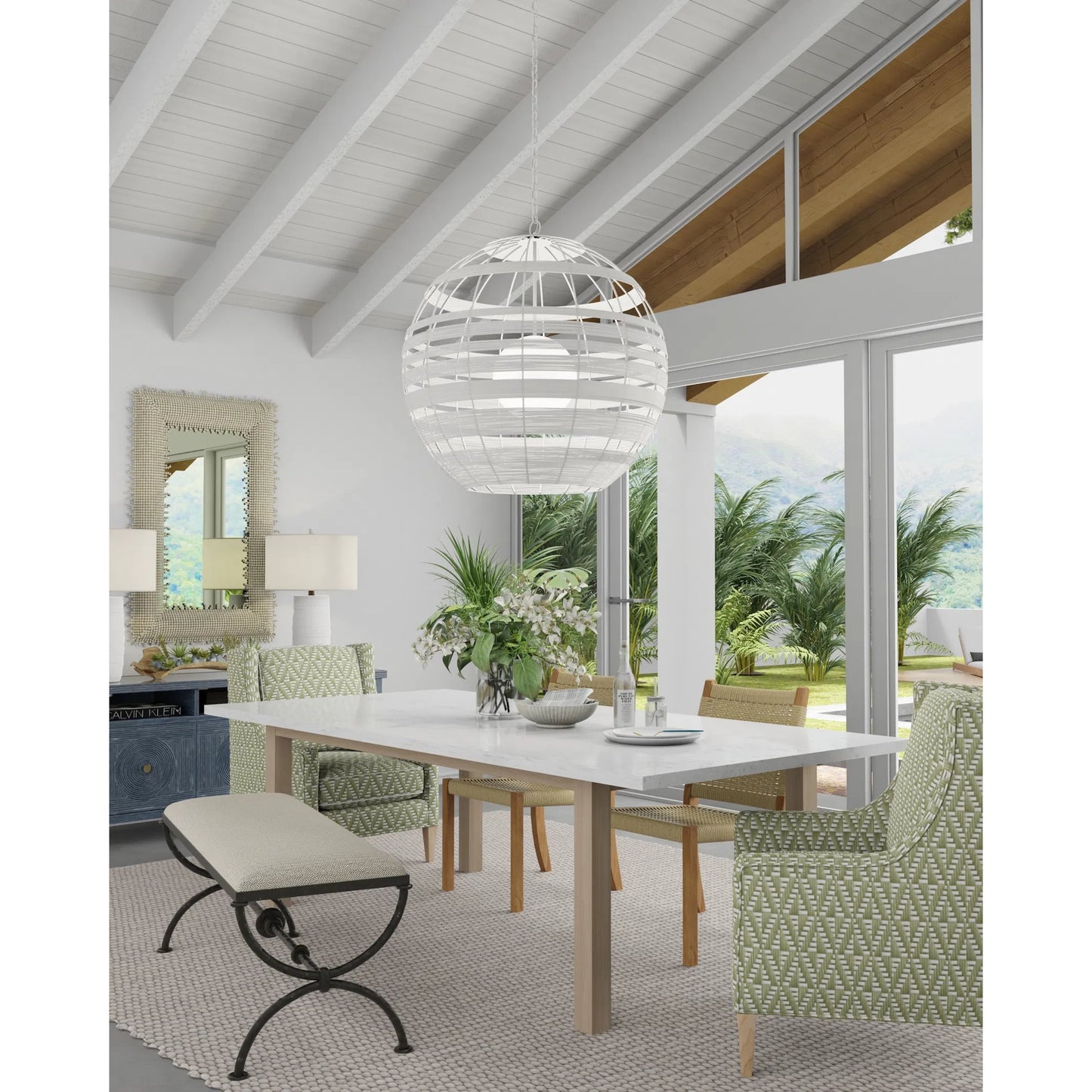 014 SI-1923992 | Lifestyle | Lapsley Orb Chandelier by Currey and Company in vanilla, white. Made from wrought iron, kraft paper twine, frosted glass in a modern style.