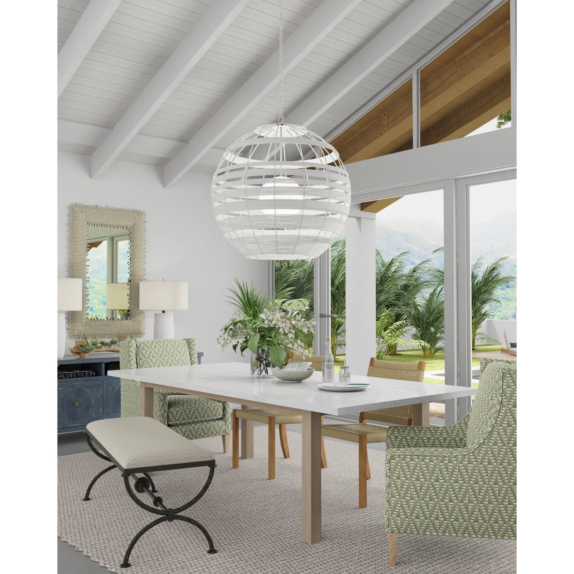 Lapsley Orb Chandelier by Currey and Company in vanilla, white. Made from wrought iron, kraft paper twine, frosted glass in a modern style.