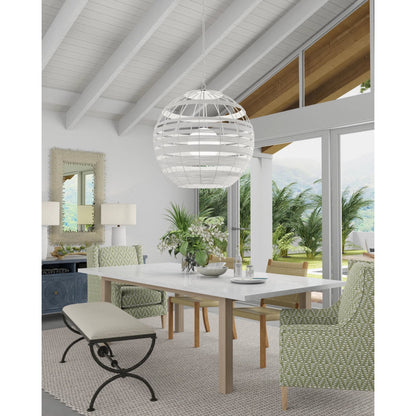 Lapsley Orb Chandelier by Currey and Company in vanilla, white. Made from wrought iron, kraft paper twine, frosted glass in a modern style.