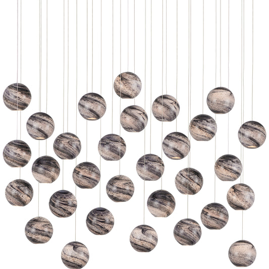 Palatino 30-LIGHT Multi-Drop Pendant by Currey and Company in blue marbeled, silver. Made from earth with speckles, glass in a modern style.