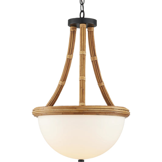 Morningside Semi-Flush Mount by Currey and Company in natural, frosted white, satin black. Made from rattan, glass, wrought iron in a cottage & farmhouse style.
