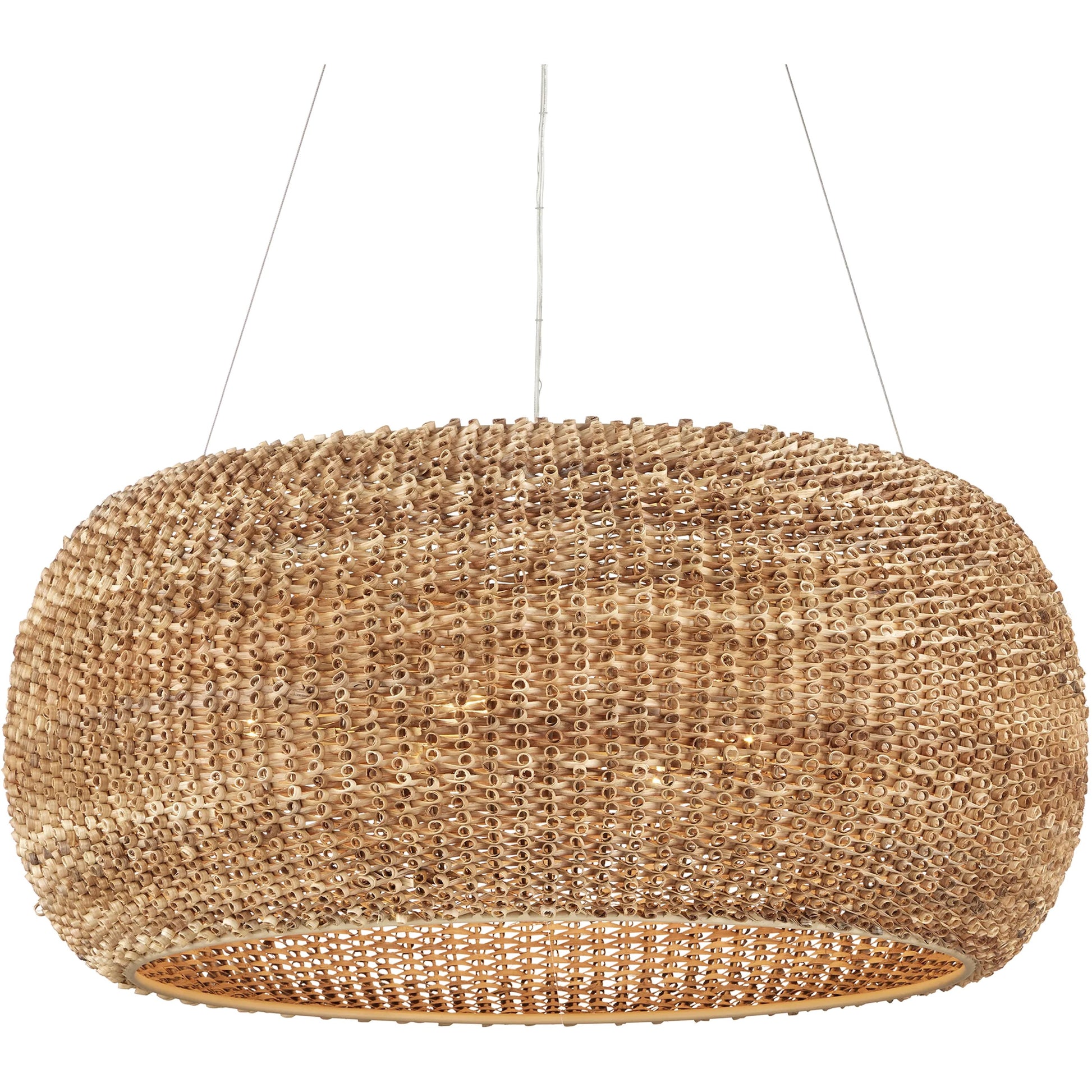 Boucle Chandelier by Currey and Company in natural, beige. Made from rattan, wrought iron in a rustic style.