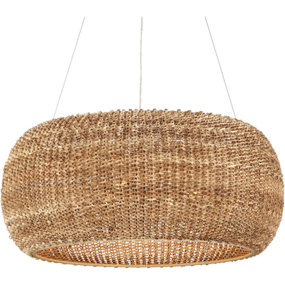 Boucle Chandelier by Currey and Company in natural, beige. Made from rattan, wrought iron in a rustic style.