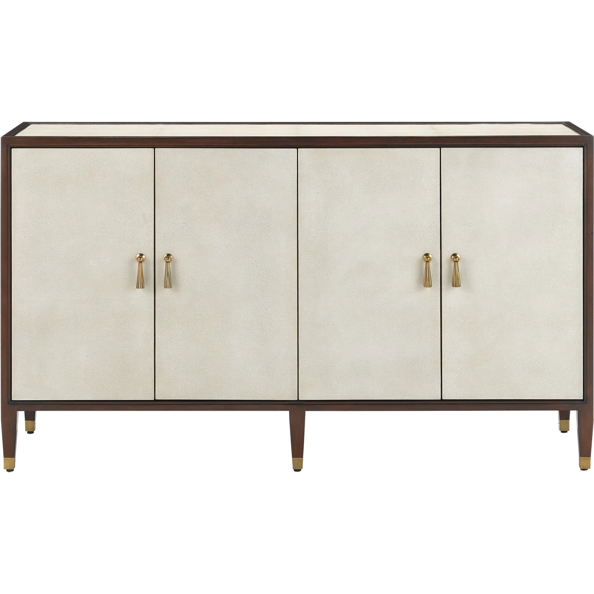 Evie Credenza by Currey and Company in ivory, dark walnut, brass. Made from faux shagreen, mahogany, cast brass in a transitional style.