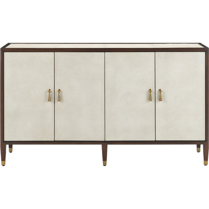 Evie Credenza by Currey and Company in ivory, dark walnut, brass. Made from faux shagreen, mahogany, cast brass in a transitional style.