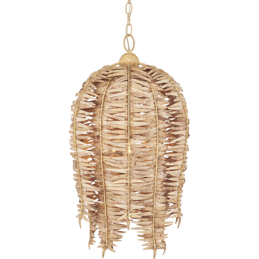 Tiptur Pendant by Currey and Company in natural, coco cream. Made from coco shells, wrought iron in a unique style.