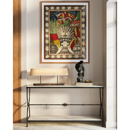 Agora White Travertine Console Table by Currey and Company in natural, rustic bronze. Made from white travertine, wrought iron in a modern style.