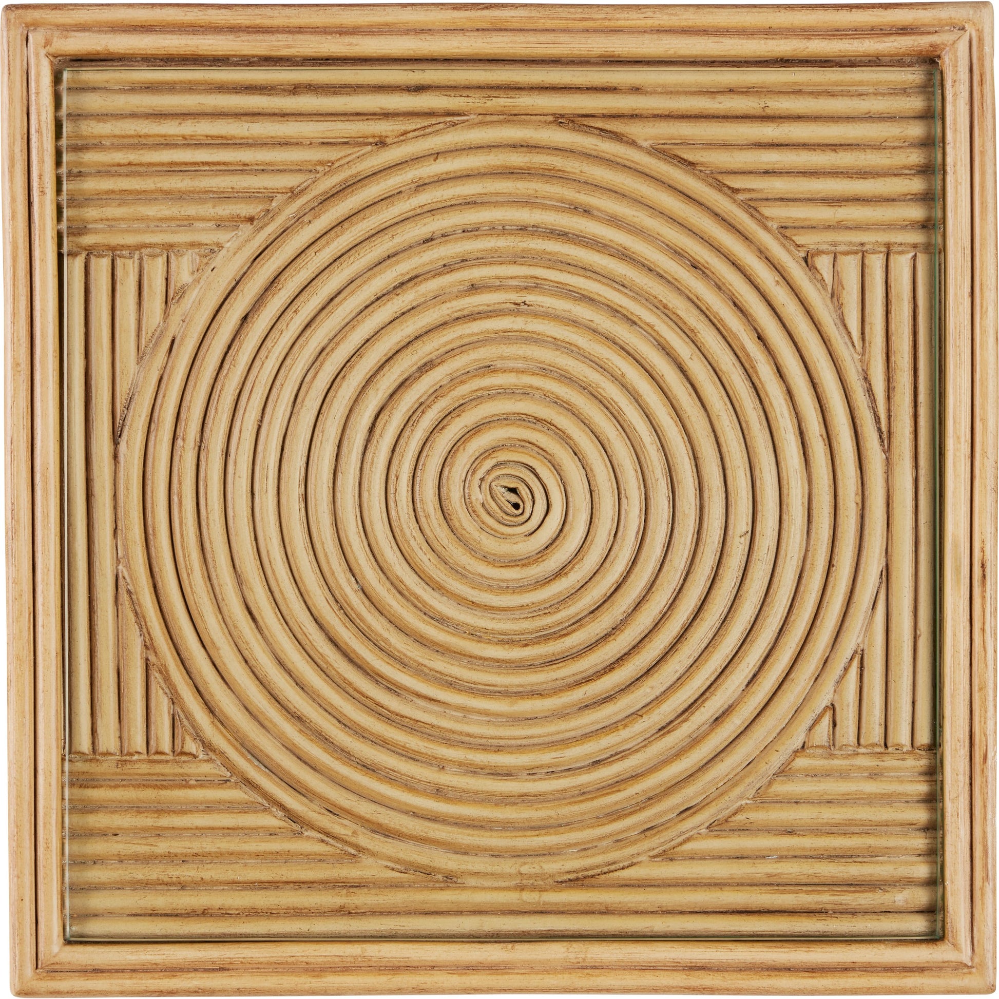 Santos Accent Table by Currey and Company in sea sand, clear. Made from rattan, mahogany, glass in a transitional style.