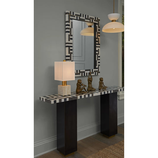 Gentry Mirror by Currey and Company in natural, brass. Made from ambaji marble, marquina marble, pietra gray marble, brass in a modern style.