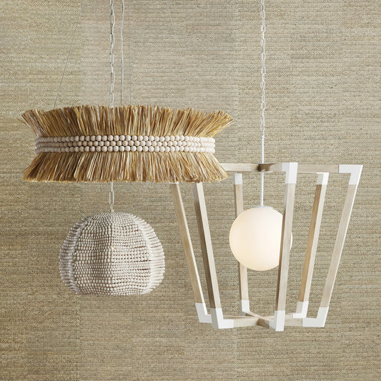 Bastian Globe Pendant by Currey and Company in sugar white, sandstone. Made from wrought iron, wood, frosted glass in a modern style.