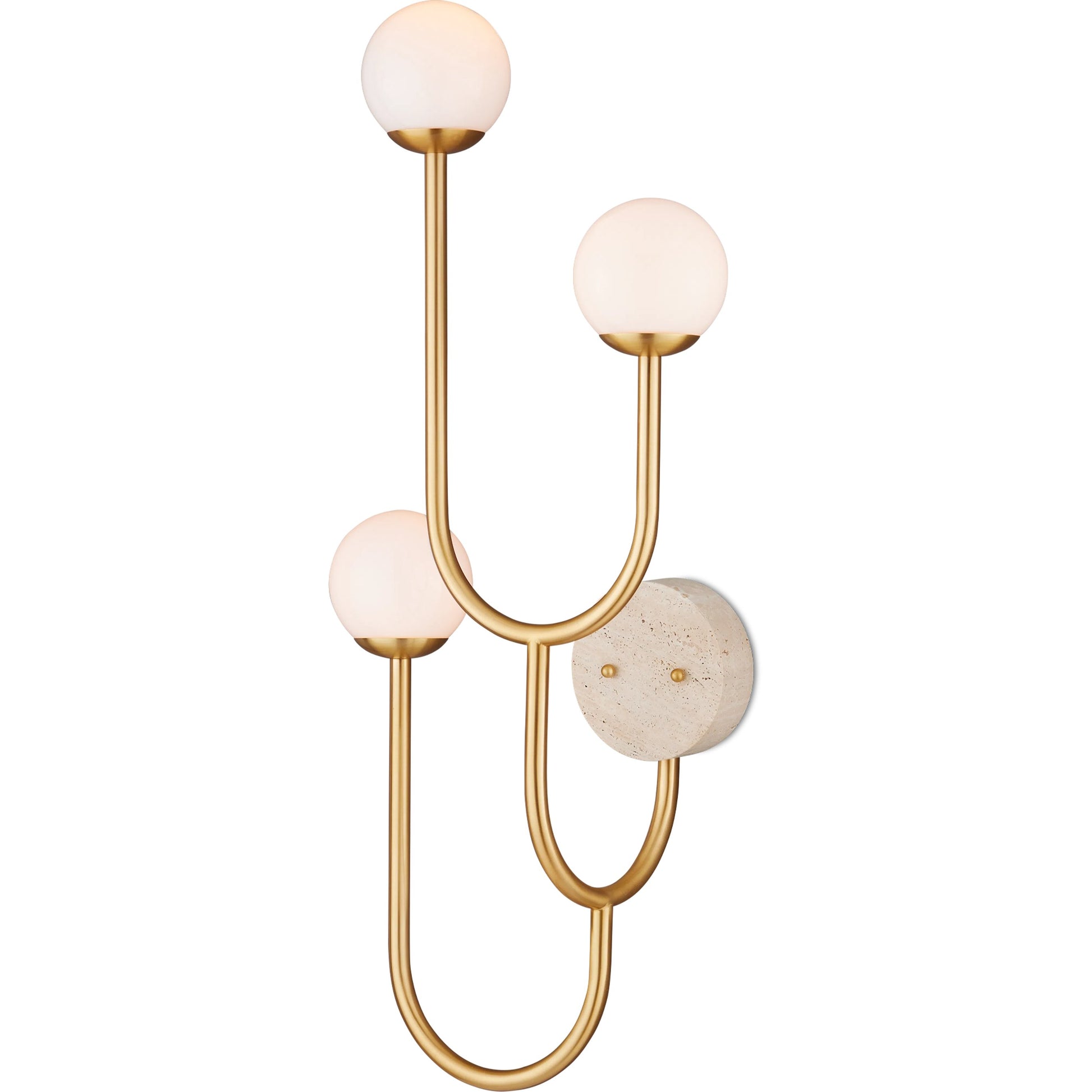 Highsmith Wall Sconce by Currey and Company in brass, natural, white. Made from metal, travertine, glass in a modern style.