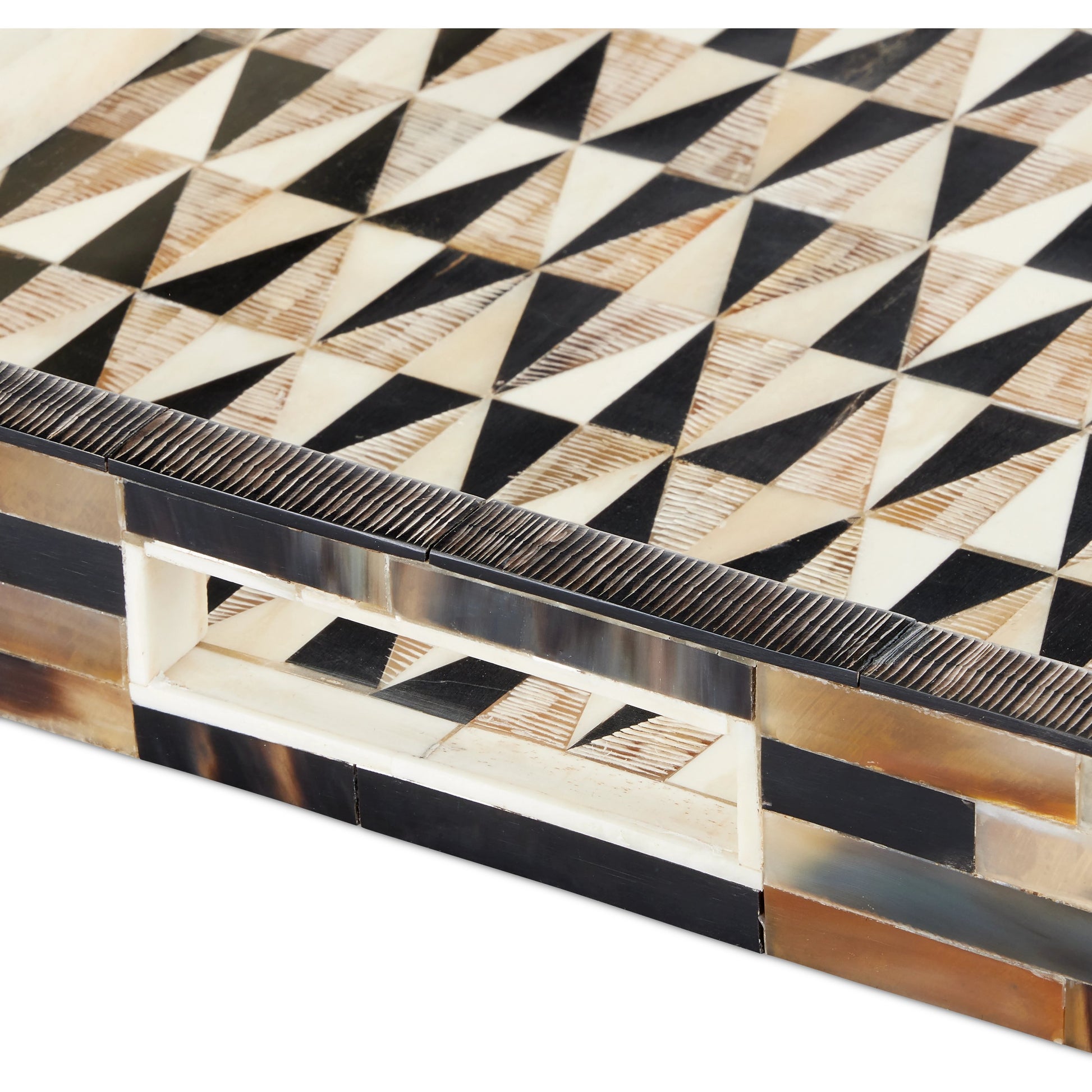 Aldo Tray by Currey and Company in natural, black, white. Made from horn, bone, chiseled horn in a modern style.