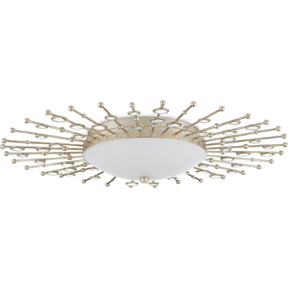 Planisphere Flush Mount by Currey and Company in silver leaf. Made from wrought iron, glass in a modern style.