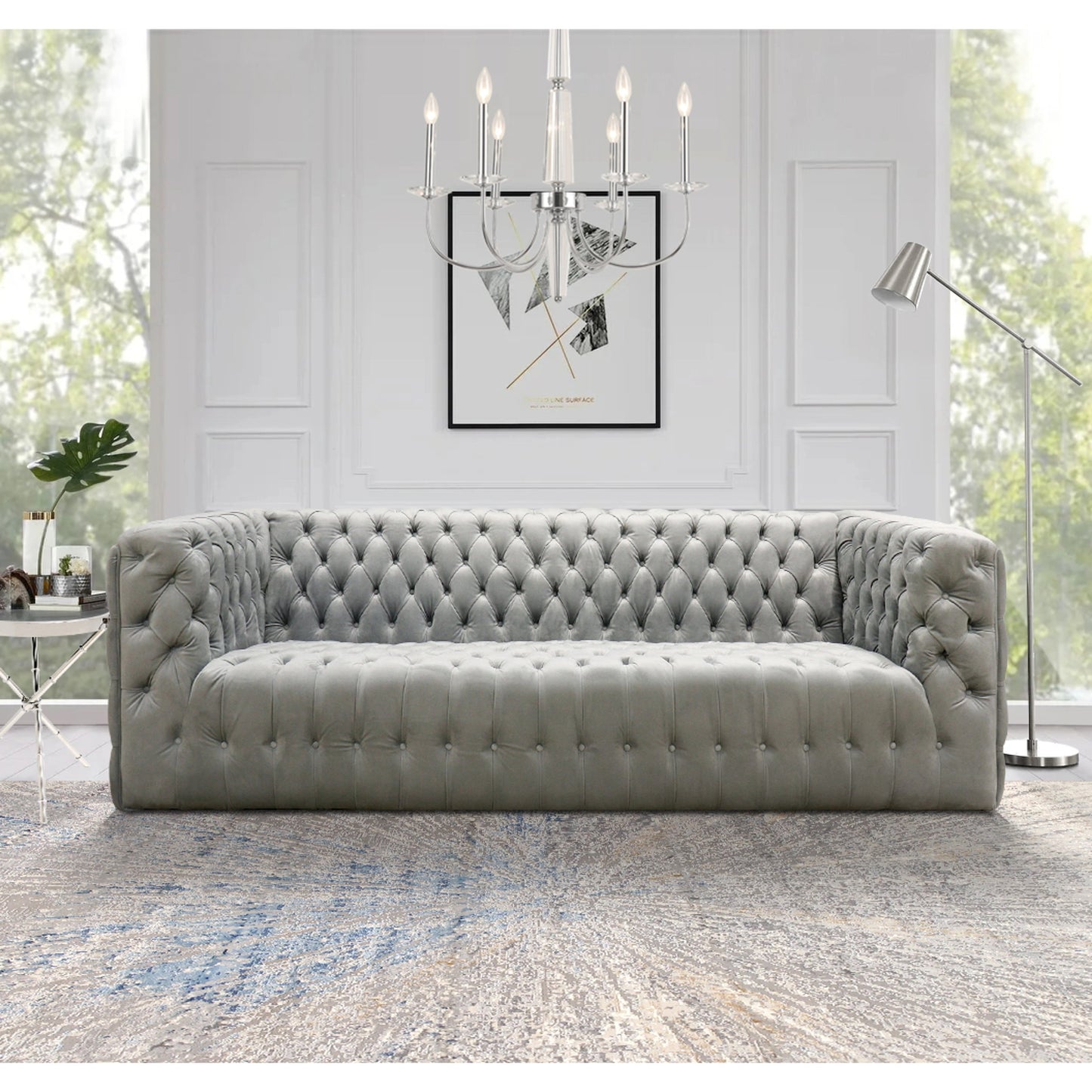 009 SI-1990653 | Lifestyle | Vicenza Velvet Sofa by Pasargad Home in silver. Made from velvet in a modern style.