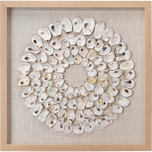 Maldives Framed Wall Art by Jamie Young in white. Made from shells (conch), linen, pine wood, mdf (backing) in a coastal style.