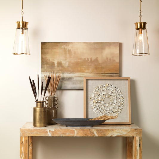 Maldives Framed Wall Art by Jamie Young in white. Made from shells (conch), linen, pine wood, mdf (backing) in a coastal style.