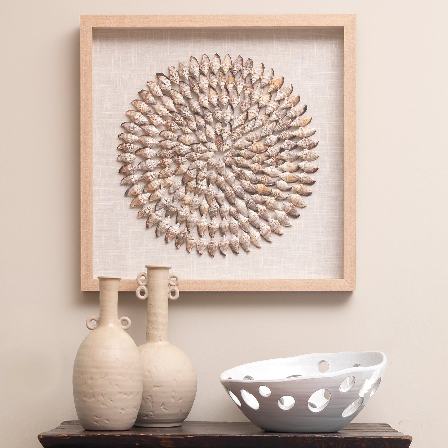 005 SR-867183 | Lifestyle | Riviera Framed Wall Art by Jamie Young in off white, brown. Made from shells (conch), linen, pine wood, mdf (backing) in a coastal style.