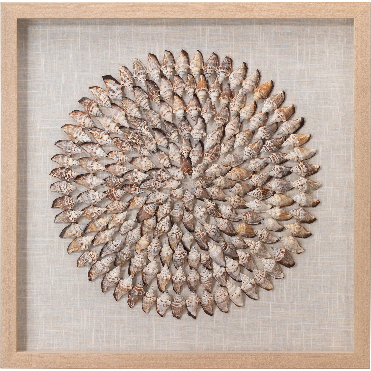 001 SR-867183 | Primary Silo | Riviera Framed Wall Art by Jamie Young in off white, brown. Made from shells (conch), linen, pine wood, mdf (backing) in a coastal style.