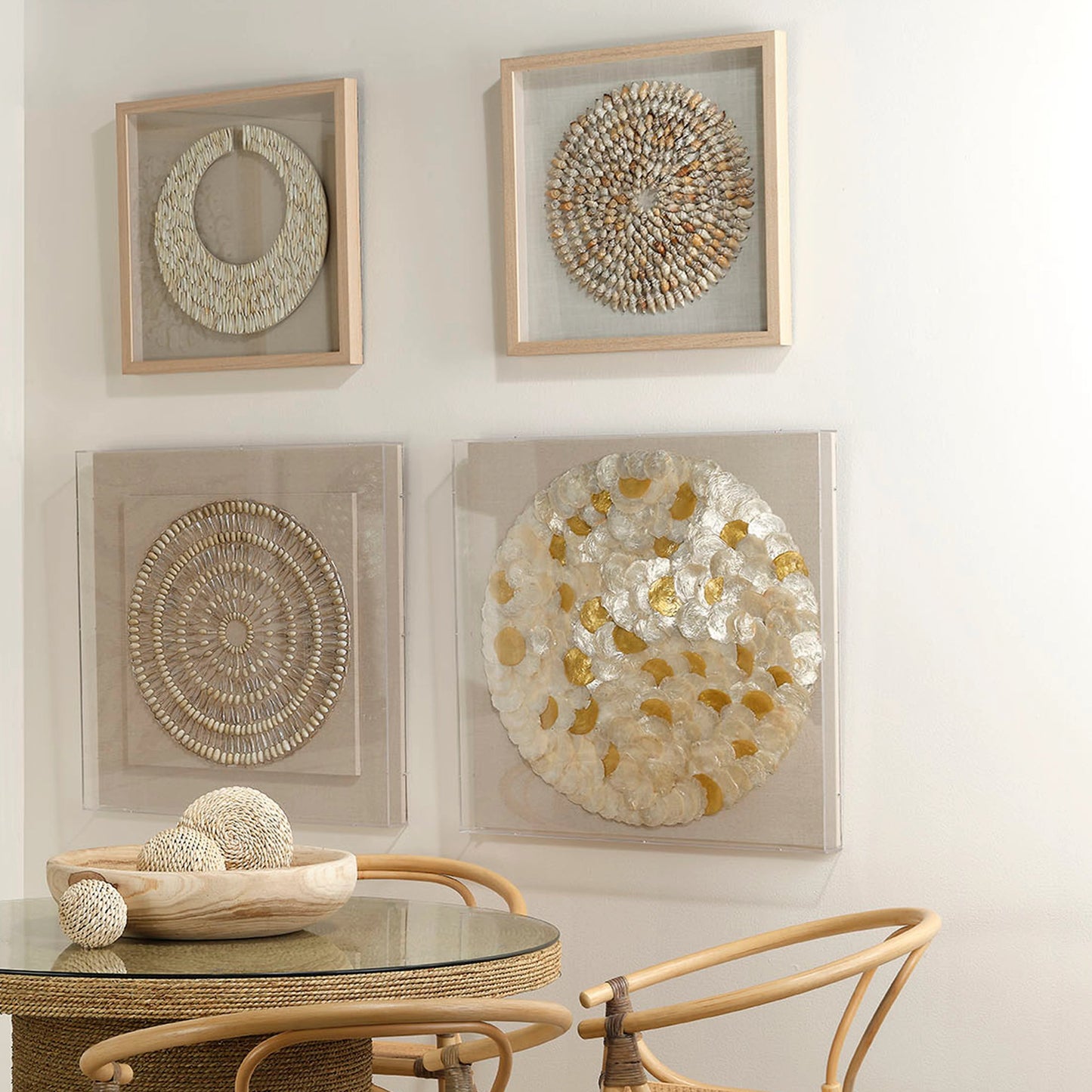 008 SR-867183 | Lifestyle | Riviera Framed Wall Art by Jamie Young in off white, brown. Made from shells (conch), linen, pine wood, mdf (backing) in a coastal style.
