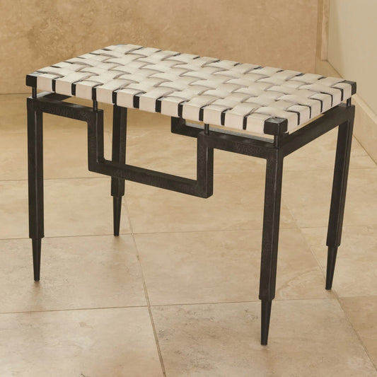 Bench by Global Views in black powder coat. Made from iron, woven ivory cowhide leather in a eclectic & global style.