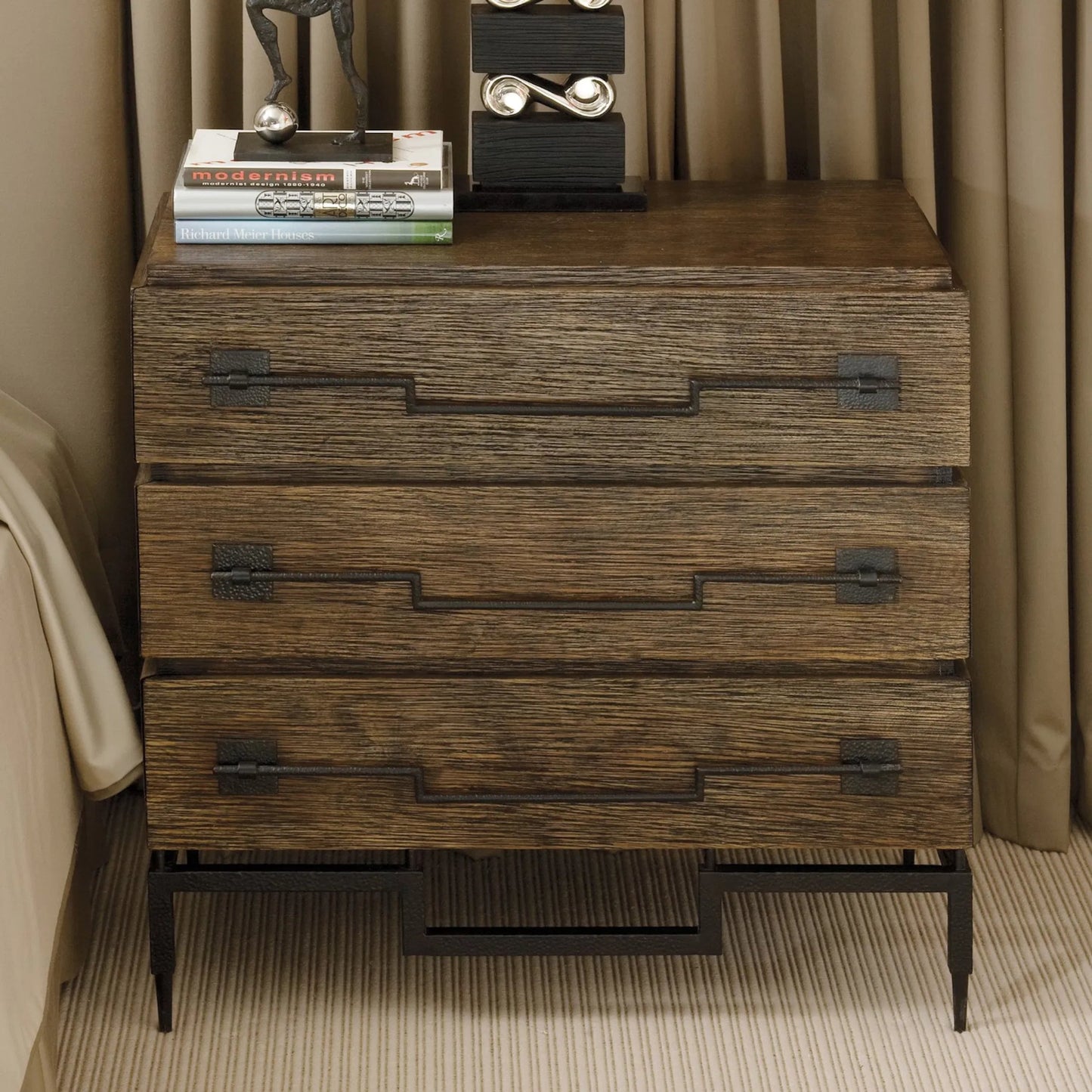 003 SR-702017 | Lifestyle | Scratch Three-Drawer Chest by Global Views in dark brown stain, matte lacquer, satin black powder coat. Made from mango, iron in a rustic style.