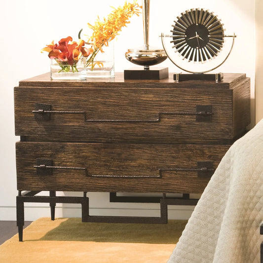 Scratch Two-Drawer Chest by Global Views in dark brown stain, matte lacquer, satin black powder coat. Made from mango in a rustic style.