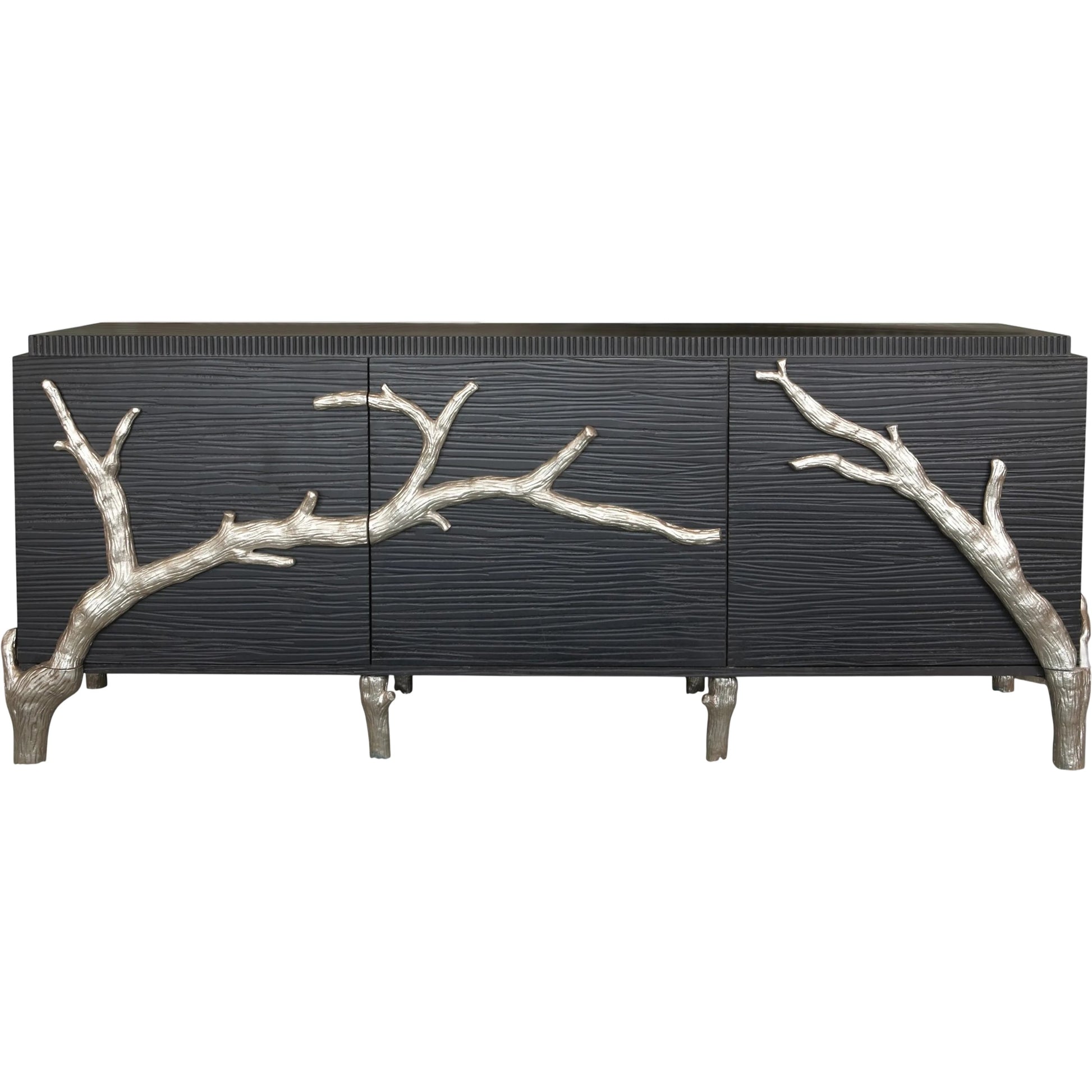 Branch Cabinet by Global Views in black distressed lacquer, polished aluminum. Made from unique in a transitional style.
